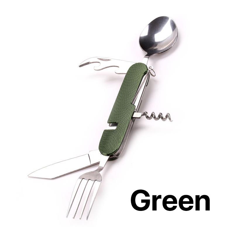 

6 в 1 Многофункциональная походная посуда Столовые приборы Многоразовая портативная посуда из нержавеющей стали Складная вилка Нож Ложка Штопор Открывалка для бутылок зелёный