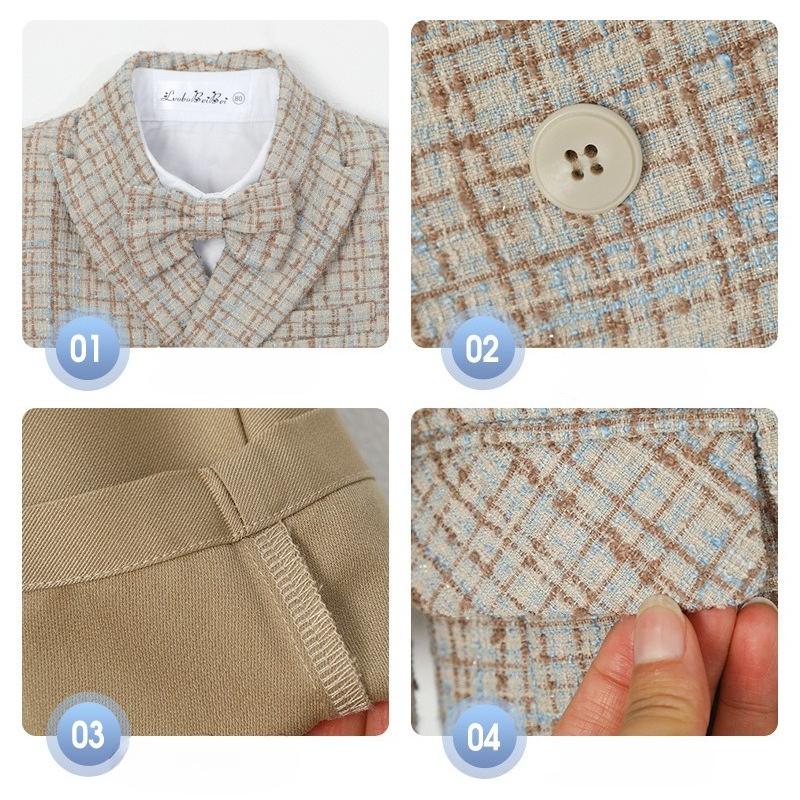 Boys Khaki 4 Piece Suit Shawl Lapel Double Breasted Vest Set White Shirt Plaid Bow Tie Pants Kids Wedding Flower Gentleman Formal Party Photo Outfit