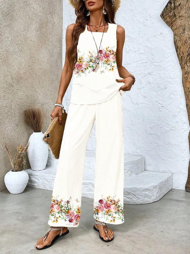 European and American new 1D printing women's fashion sleeveless trousers suit spring and summer women's suit
