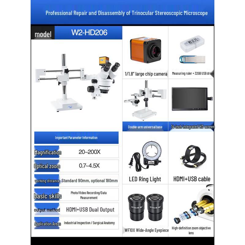 AOSVI W2-HD206 HD Video Microscope with 14-inch Screen & Dual-Arm Stand