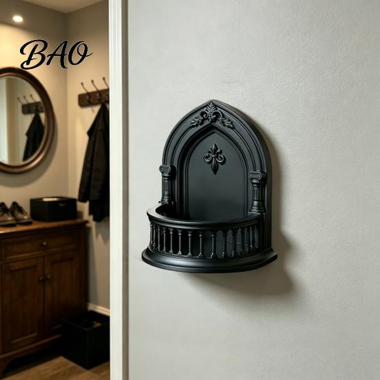 Gothic Bedroom Decor Wall Shelf, Vintage Floating Shelf for And Living Room, Matte Black Pointed Arch Decorative Wall-Mounted Display Rack with