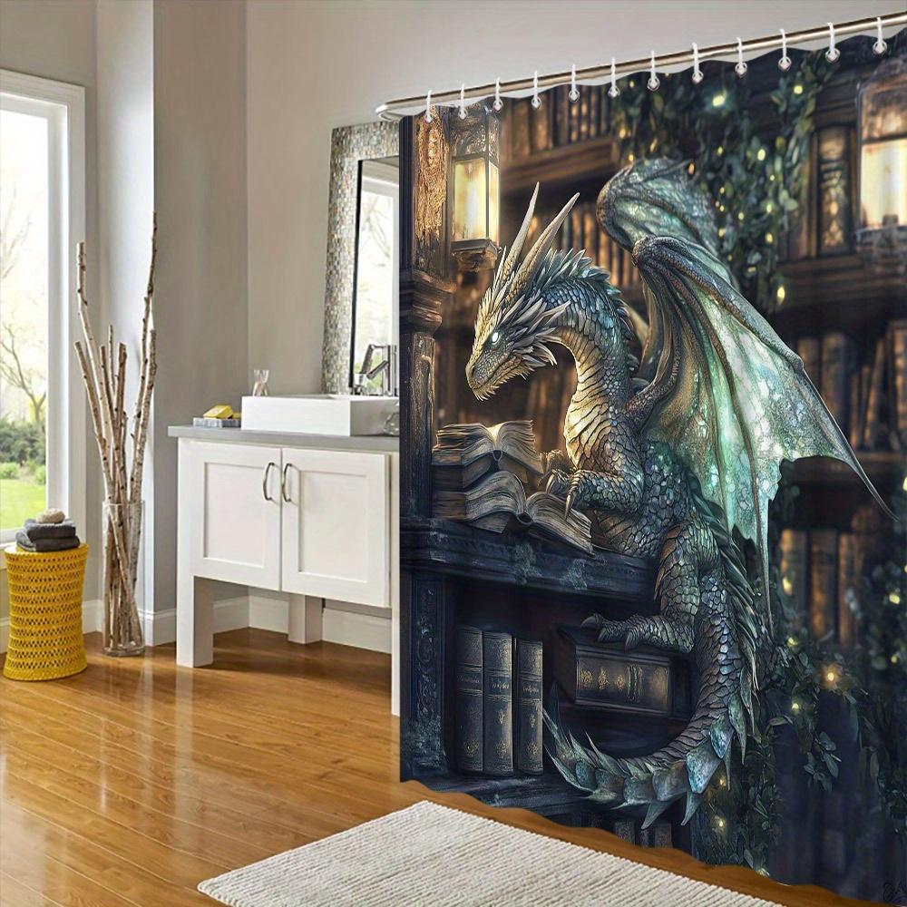 Mystical Dragon Shower Curtain - Blue-Green Scales, Translucent Wings, Illuminated Bookshelf, Warm Ambiance, Water-Resistant