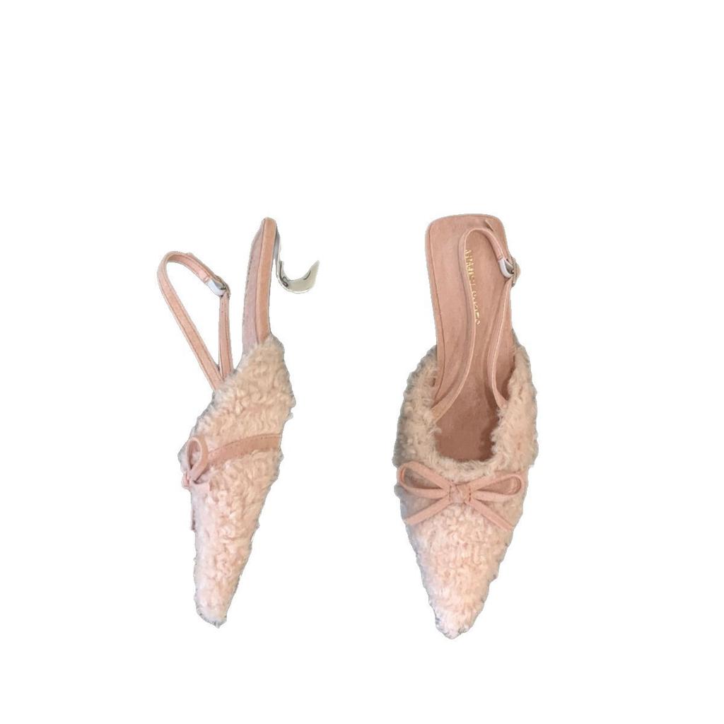 Huge gentleness~! Fairy wind bow-tie bag head sandals women wear pointed special-shaped thick-heeled rabbit fluffy shoes in autumn and winter