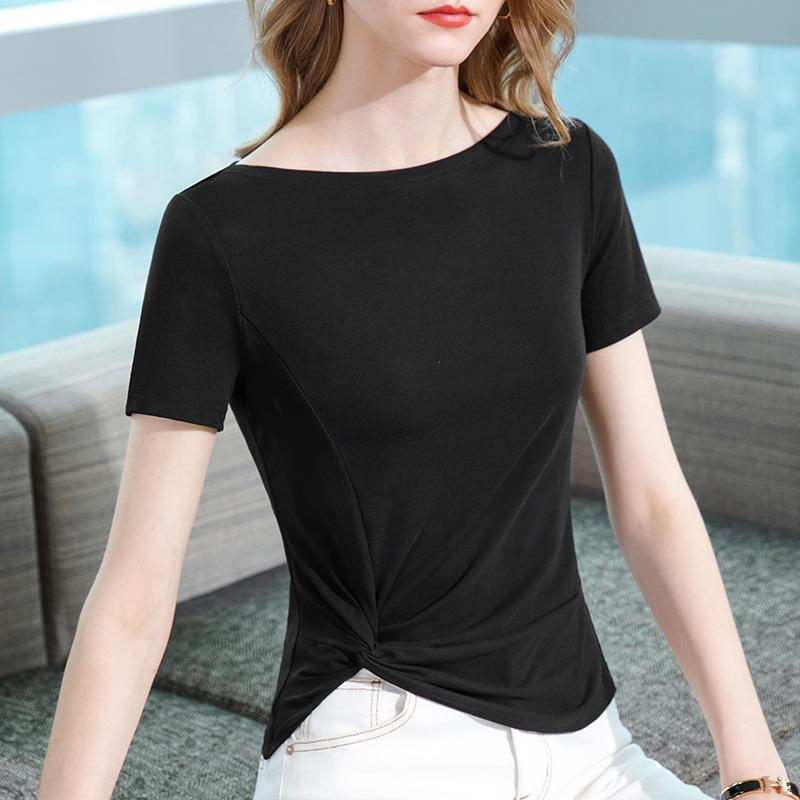 Short-sleeved T-shirt for Women's Summer New Style Women's Clothing Style One-shoulder Cotton T-shirt Irregular Design Waist-hugging Top