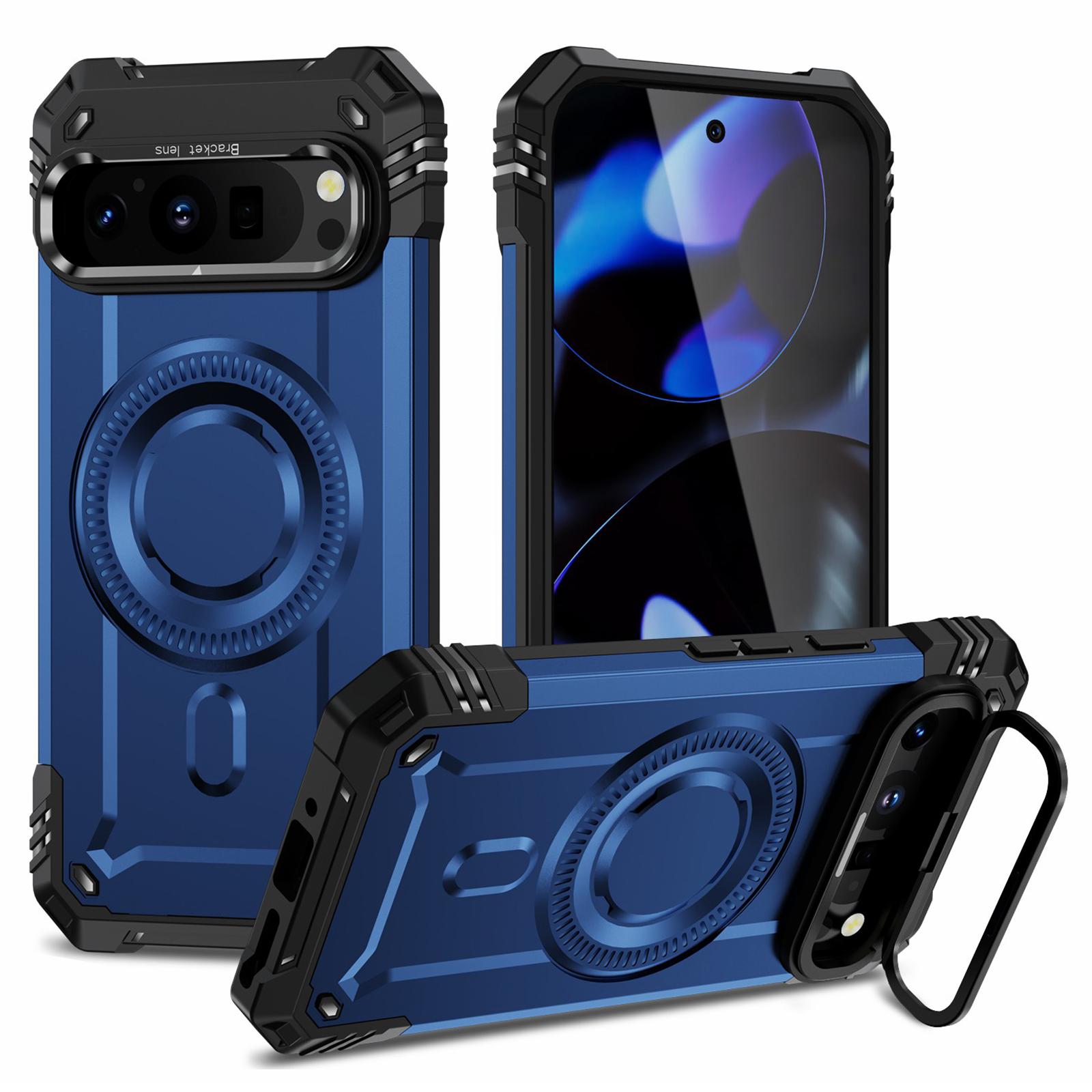

For Google Pixel 9 Pro XL Magnetic Case Lens Kickstand PC+TPU Shockproof Phone Cover Blue
