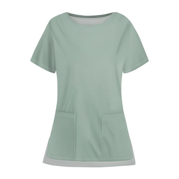 Casual Protective Top Work Uniform Open Hem Pocket Neck Round Solid Color for Women