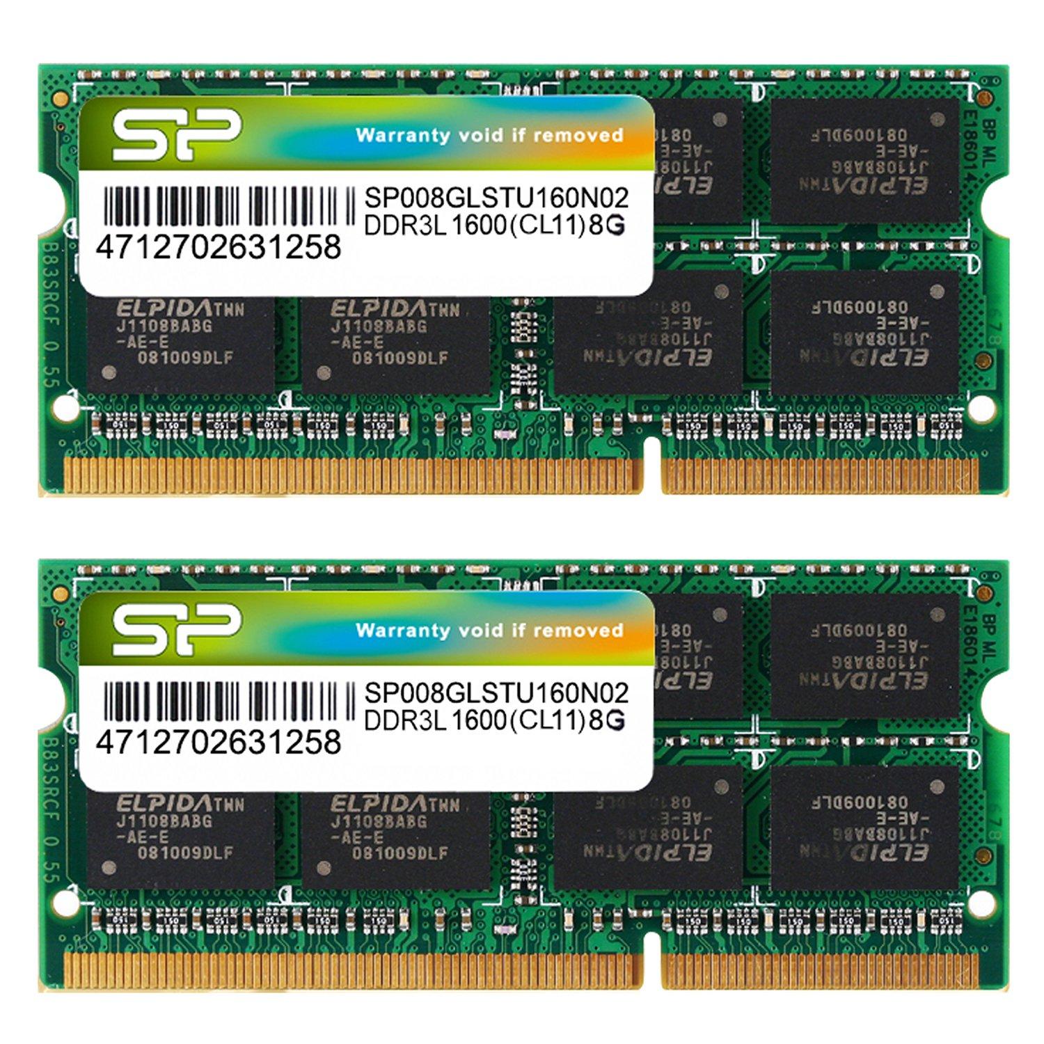 

Пам ять для ноутбука Silicon Power DDR3L 1600 8 ГБ x 2, 204 контакти, сумісна з Mac SP016GLSTU160N22 1,35 В (Низька напруга) PC3L-12800