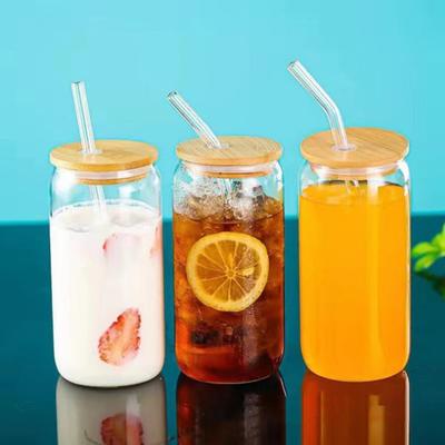 Bambu Kapaklı Cam Bardak Fırçalar Pipet 470ml Kutu Şekilli Cam Bardaklar