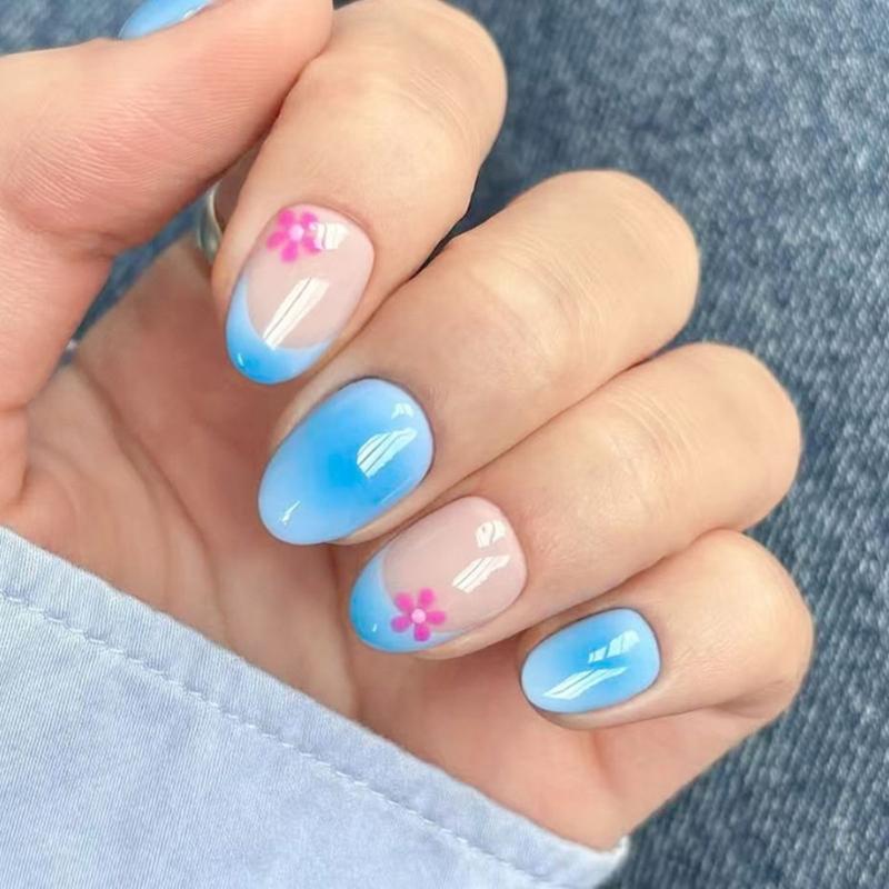 24Pcs Shining Oval Shape Blue Artificial Nail Safe Material For Sensitive Skin And Quick Application