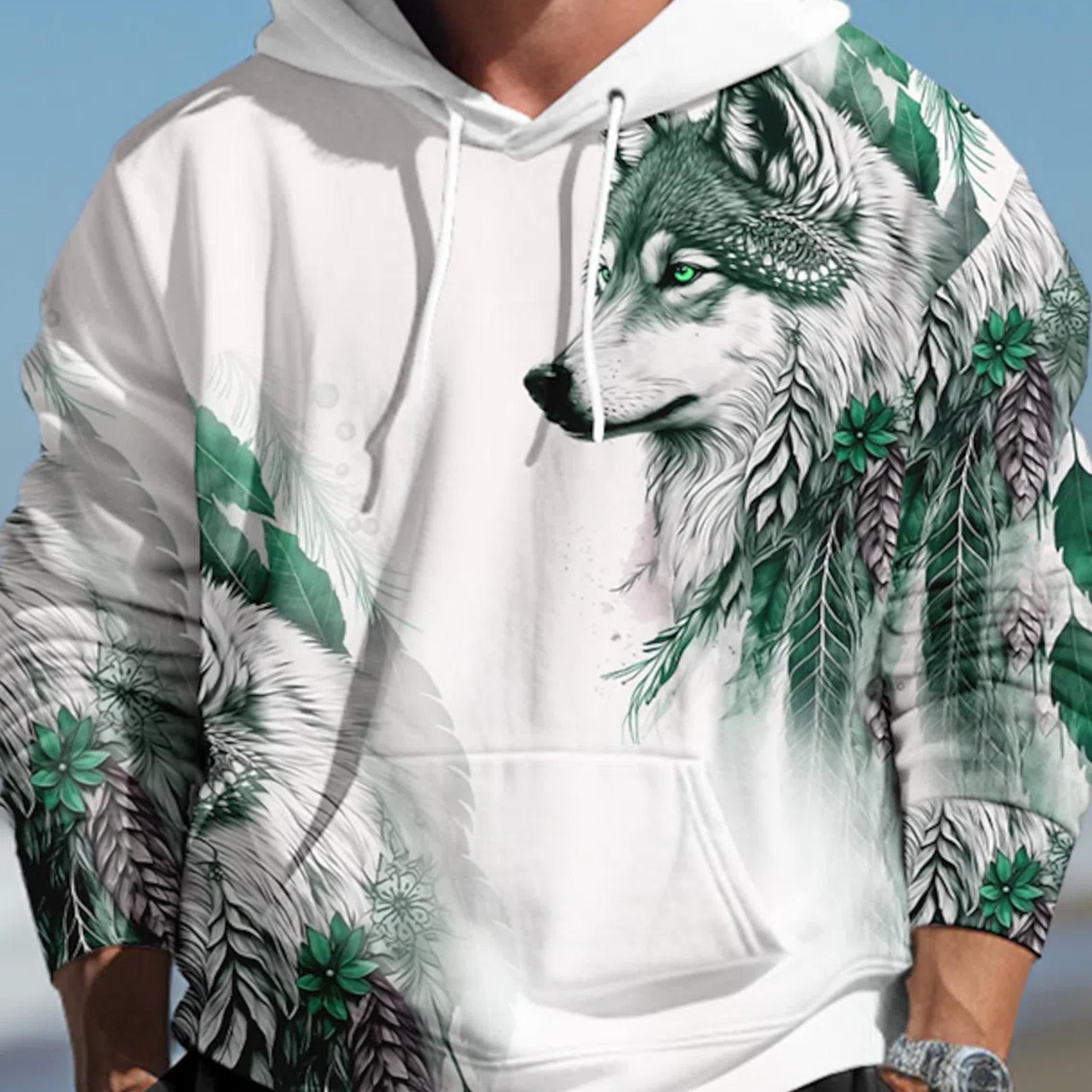 

Чоловічі пуловери з 3D-принтом Wolf Graphic Streetwear Толстовки з капюшоном темно-зелені зелені з довгим рукавом і принтом Весняно-осінній дизайнер S
