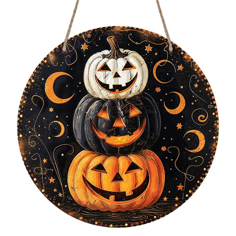 2D Flat, 1pc Round Aluminum Hanging Sign, Halloween Wall Decor-Retro Pumpkin Magic Night Metal Art with Glowing Pumpkin Lanterns, Bats And