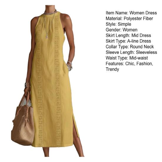 Vestito estivo da donna senza maniche con girocollo, tunica, vestito canotta, casual, ampio, boho, da spiaggia, con spacco laterale, abito estivo