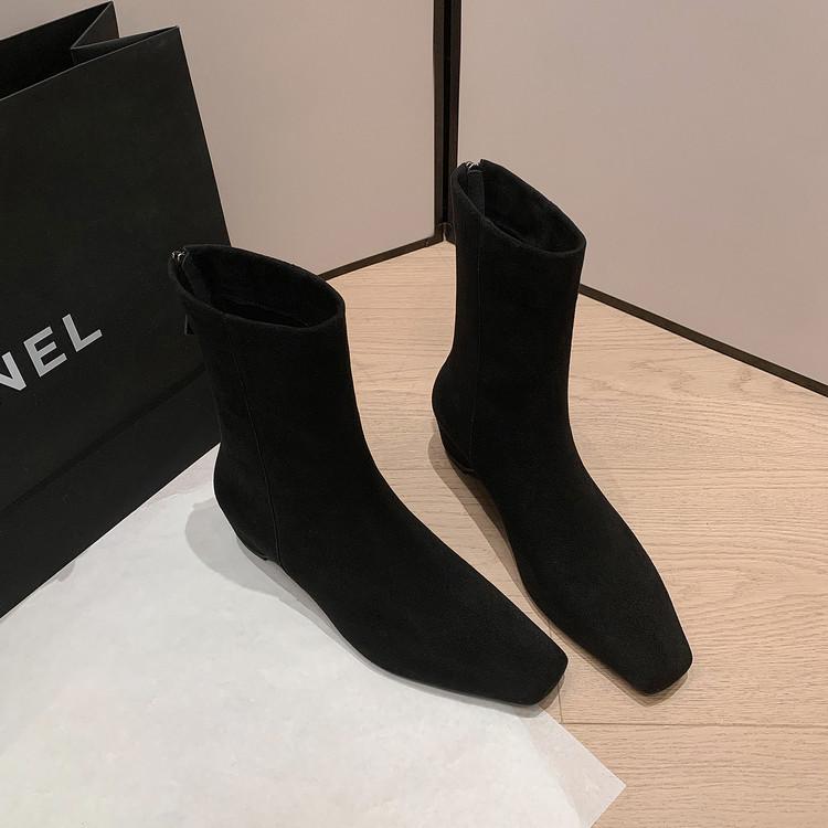 Inside and Outside Full Leather Square Head Rear Zipper Chelsea Boots Cowhide European and Korean Simple Retro Inner Height-increasing Short Boots W