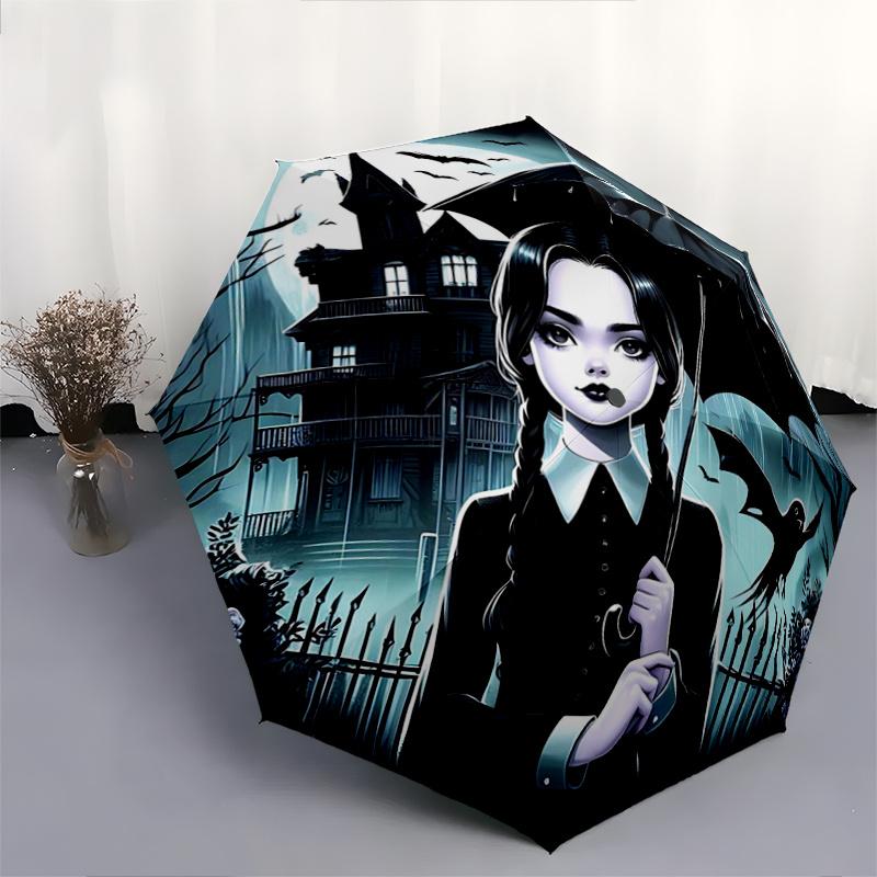 1pc Under the Moonlit Sky Wednesday Automatic Opening and Closing Cartoon Umbrella - Small Umbrella Suitable for Various Occasions I096
