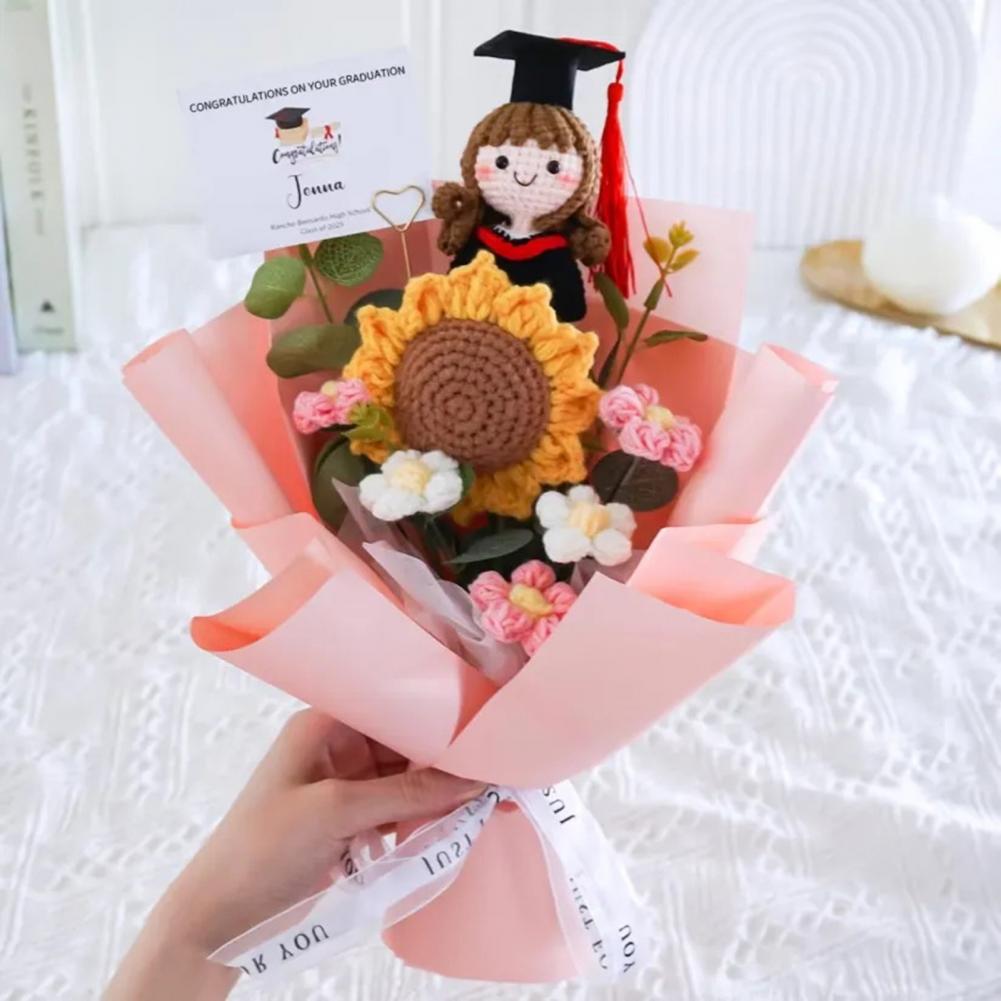 Woven Flower Bouquet Handmade Crochet Graduation Bouquet with Doll Artificial Sunflower Puff Flowers 2026 Grad Party Gifts