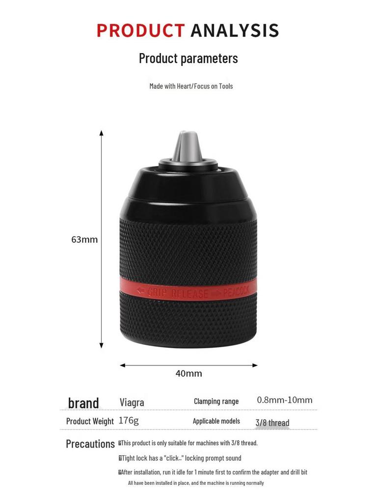 Self-Locking Ratchet Drill Chuck 1.5-13mm Quick-Change Adapter, 20/24UNF.