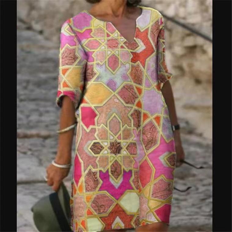 

Вінтажна весняна сукня міді з V-подібним вирізом та ретро-принтом для жінок L