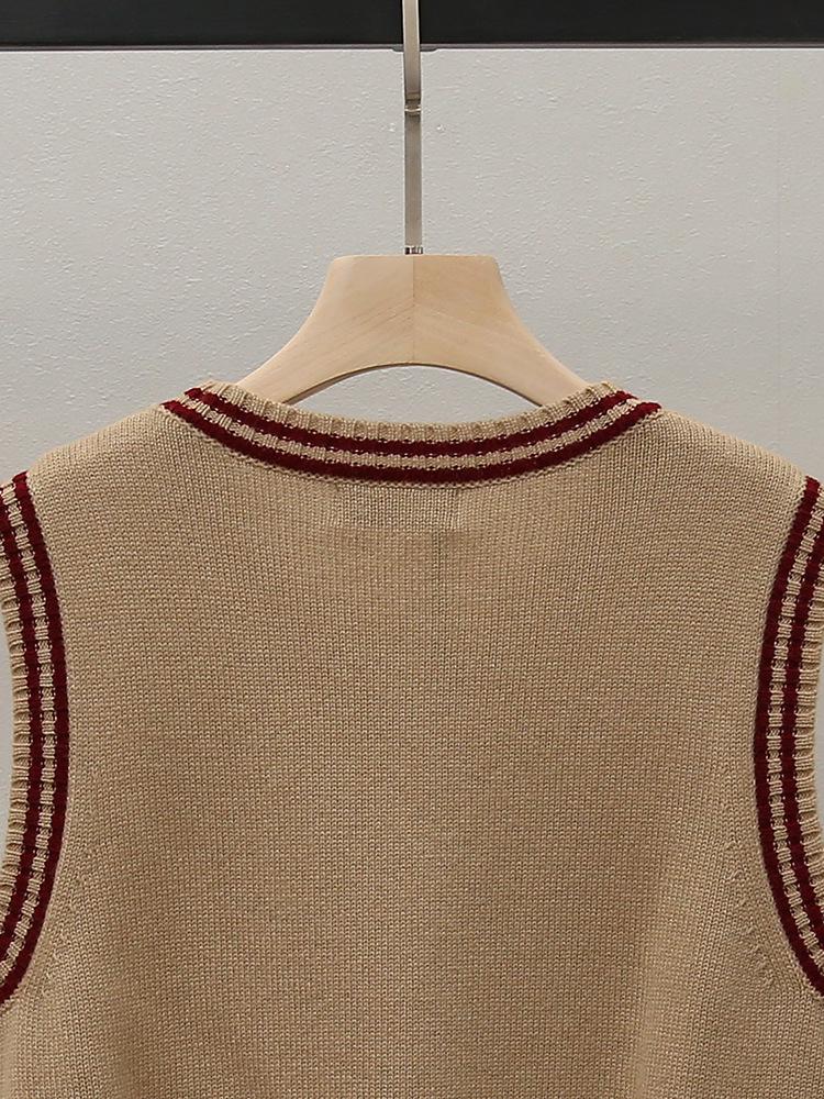 High-End Damen Herbst Retro Farbblock Ärmellose Strickweste