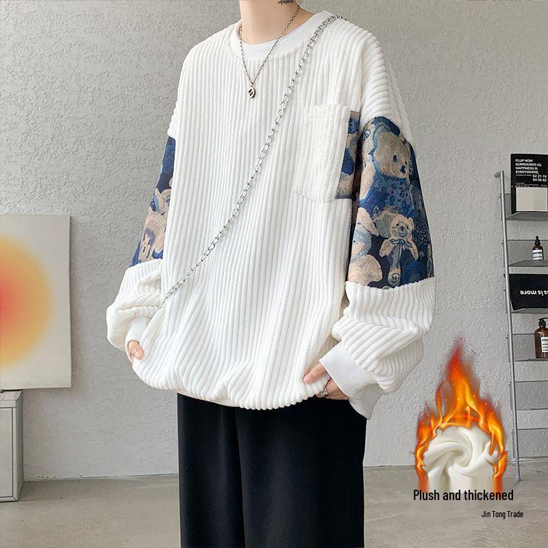 Men's White Corduroy Hoodie with Little Bear Embroidery, Heavyweight Plus Velvet, New Chinese Style, Thickened for Autumn/Winter.