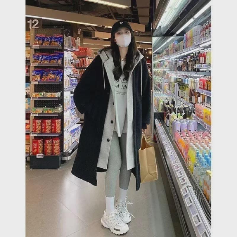 

Three Colors: Korean Chic Lambskin Long Coat - Versatile, Loose, Trendy for Autumn/Winter 3XL чорний