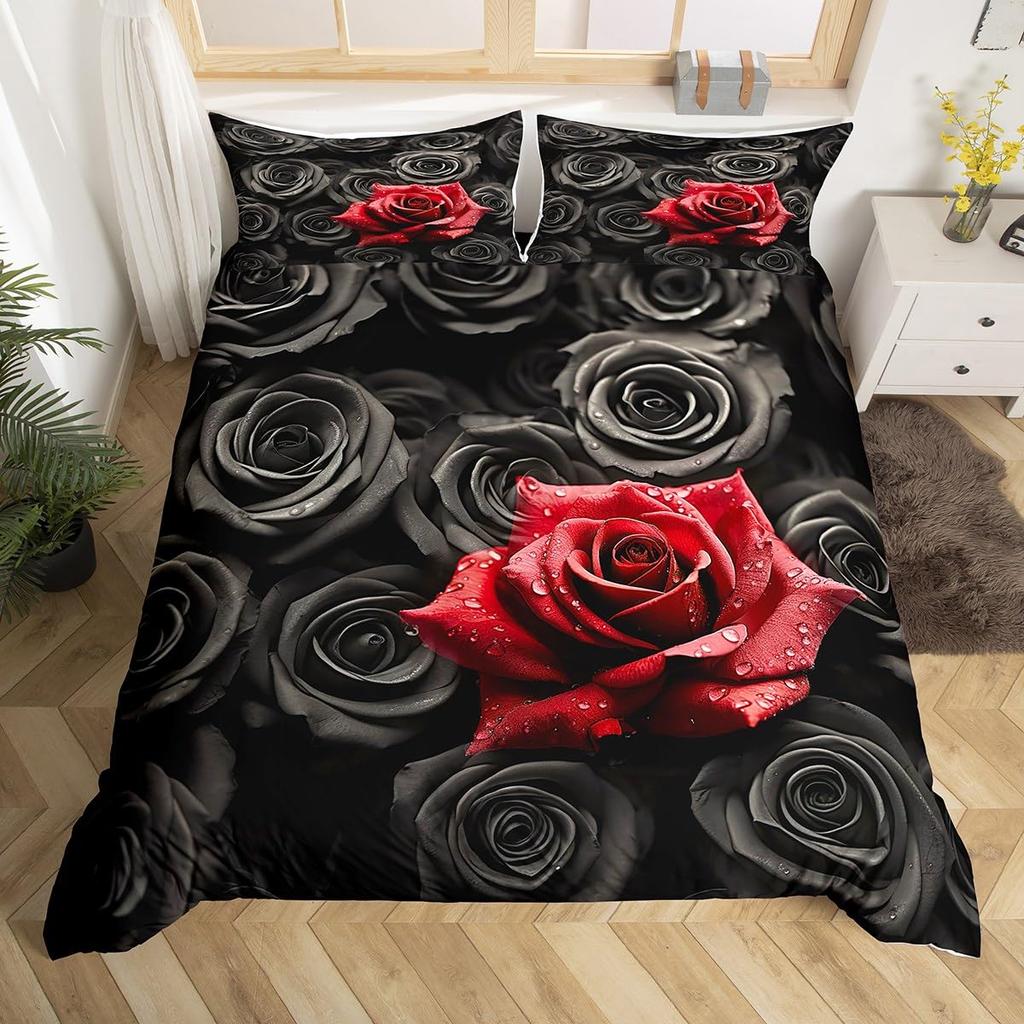 Valentine's Day Duvet Cover Queen Full Red Rose Romantic Flower Duvet Cover Heart Shaped Print Floral Black Soft Comforter Cover