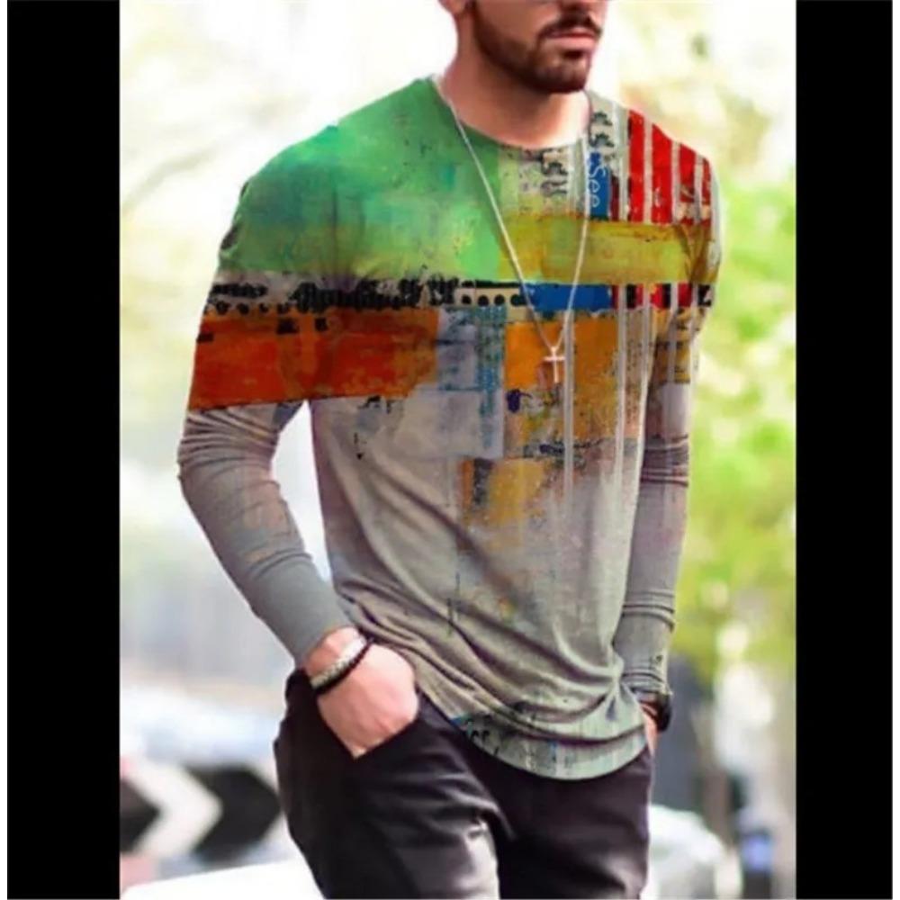 

Ретро Мужская футболка с круглым вырезом и длинными рукавами, разноцветная футболка с цветным блоком и 3D-принтом, весна-осень, свободный повседневный топ, мужская одежда 5XL