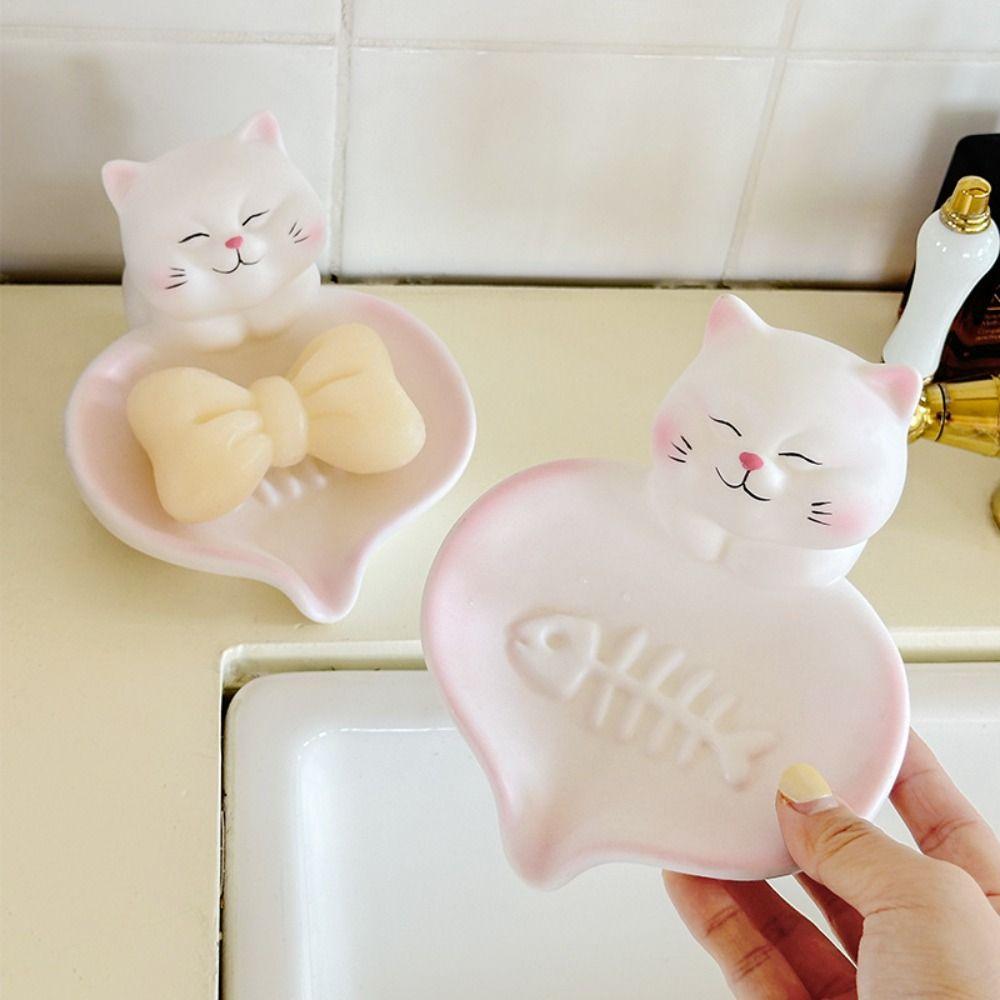 Cute Cat Non-Slip Base Cat Soap Dish Pastel Pink White Cat-shaped Soap Container Creative Design Adorable Soap Rack Washbasin