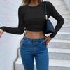 Women Crop Top Irregular Slim Fit Side Drawstring Long Sleeved T-shirt