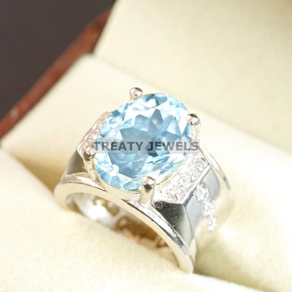 Aquamarin Oval geschliffener Edelstein mit 925er Sterling Silber Ring für Herren #A751 JL375659090677