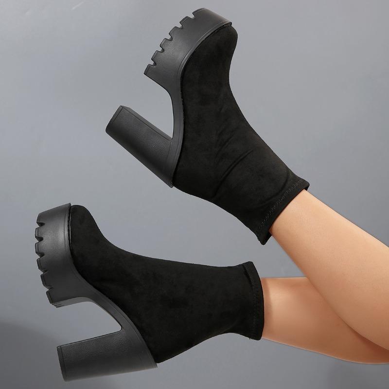 Plus Size High Heeled Fashion Boots Women's Autumn New Round Toe Suede Sleek Platform Skinny Booties