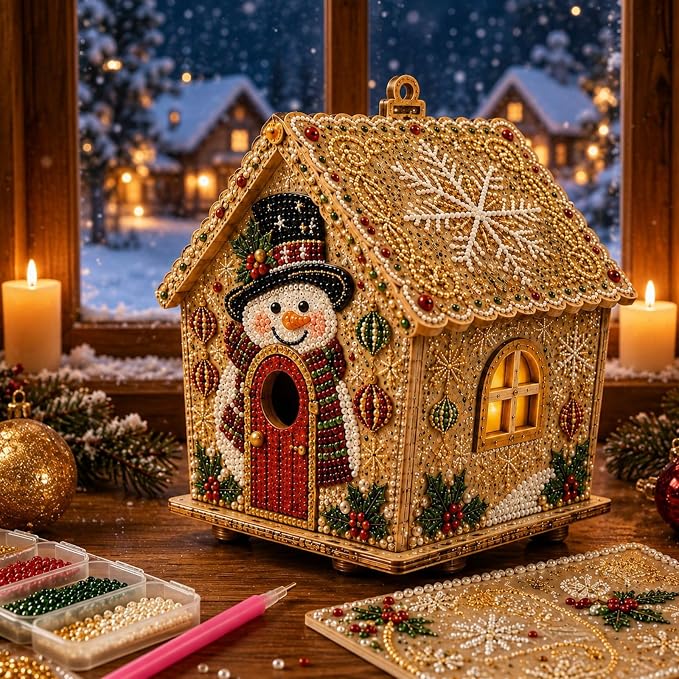 Christmas DIY Pearl Bead Art House Decoration Kit Wooden House Diamond Painting Handcraft Set Santa Snowman Xmas DIY Craft Kit