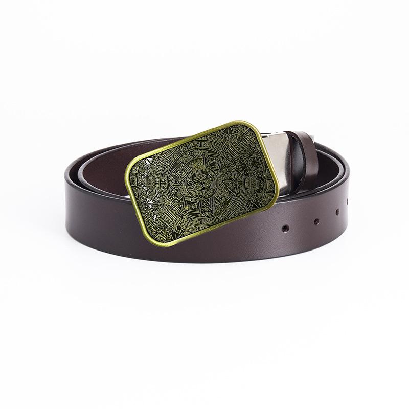 Glossy Whole Cowhide Belt, Zinc Alloy Ancient Tin Aztec Calendar Belt, Retro Large Size Pure Leather Belt.