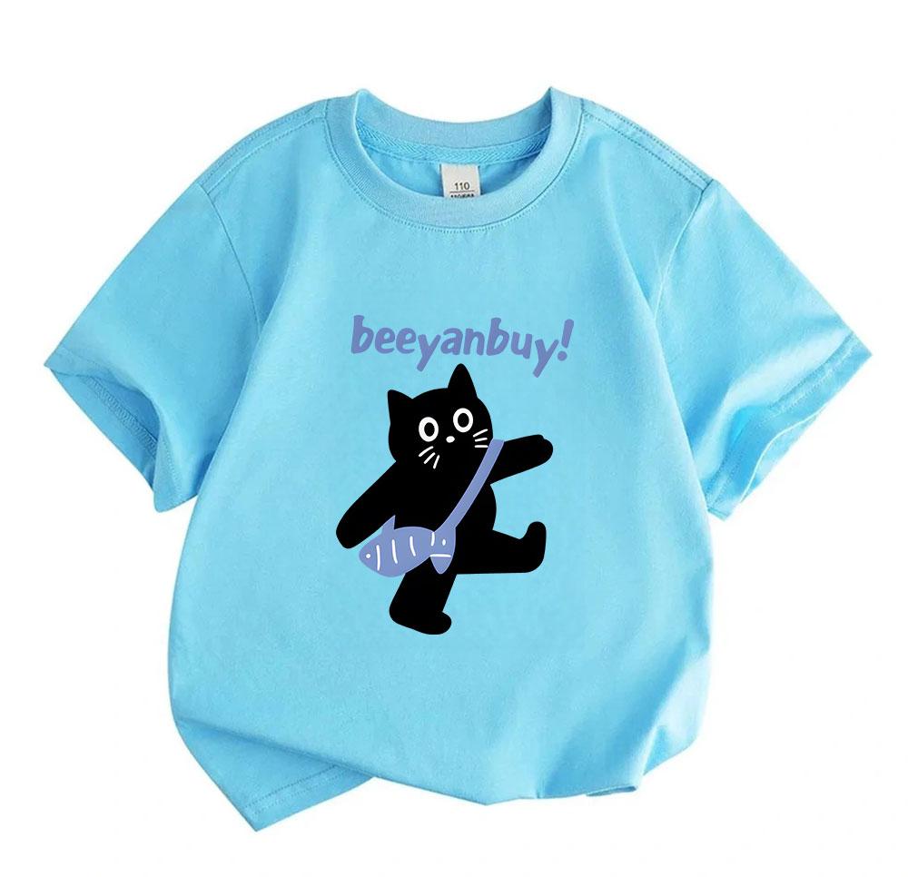Kids Boys Girls 100% Cotton Crew Neck Short Sleeve T-Shirt, Casual Cute Black Cat Carrying Fish Bag Printed Soft Comfortable Tee Top for Daily Outdoor