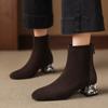 Krazing Pot Cow Suede Nubuck Winter Round Toe Chelsea Boots Med Heels Zipper Crystal Heels Women Ankle Boots