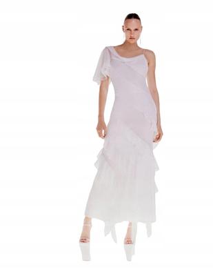 Karen Millen White Midi Dress with Ruffles and Asymmetrical Sleeve 38 B1C