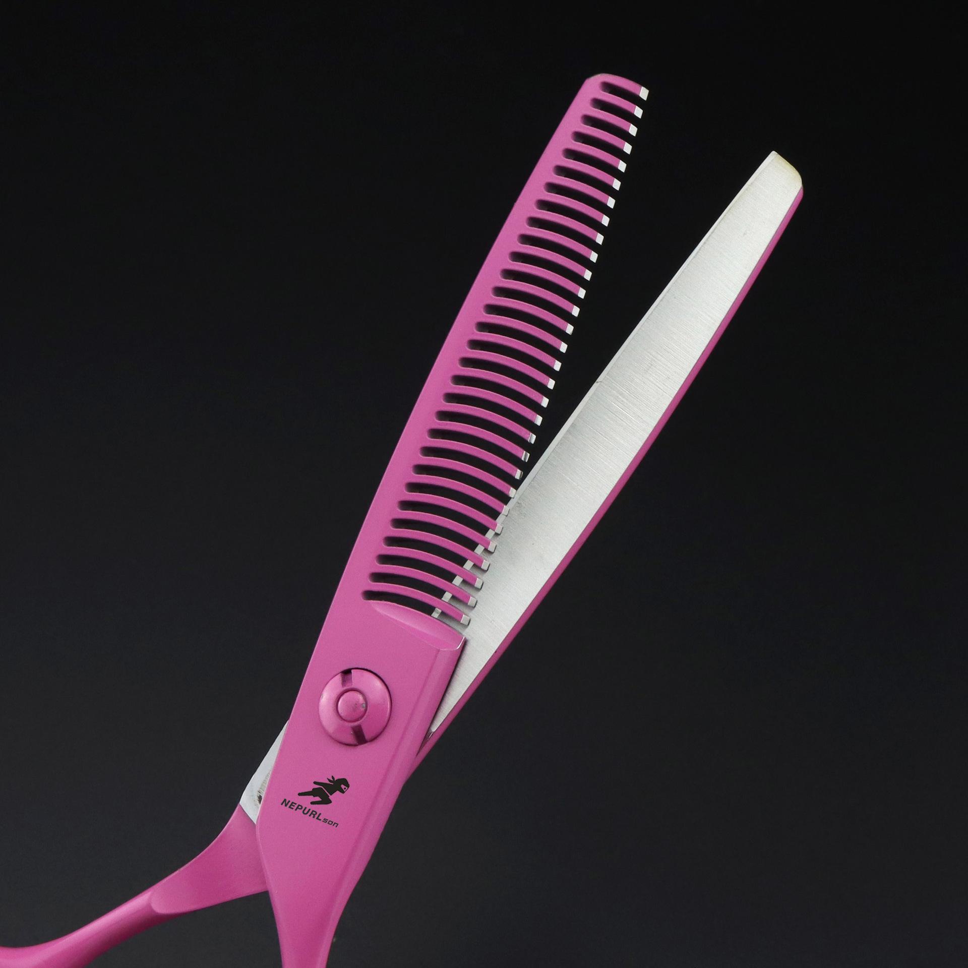

Pink Nimpson hair scissors, haircut flat scissors, bangs scissors, antlers, teeth, fish bone teeth, non-marking teeth scissors pink traceless teeth remove 10% of hair volume