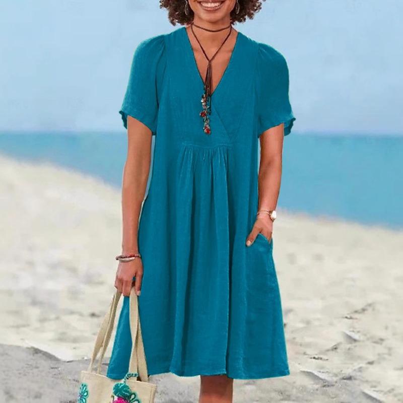 

Летнее новое женское повседневное ретро платье из хлопка и льна с коротким рукавом 3XL павлин голубой