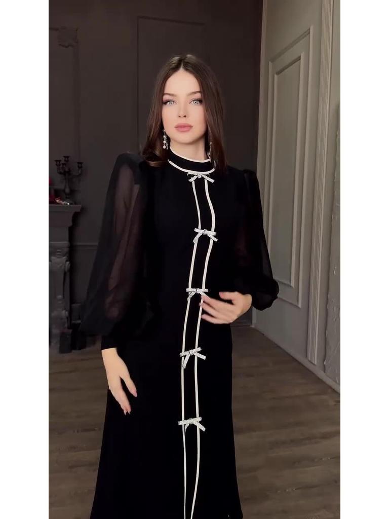 2024 Herbst Schwarz & Weiß Halbhoher Kragen Kleid mit Schleifenakzent
