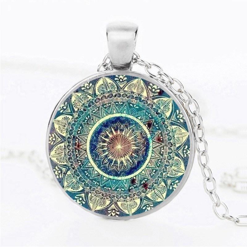 Mens necklace New Gift Necklace Henna Mandala Flower Necklace Om Symbol Zen Buddhism Glass Inlay Pendant Necklace