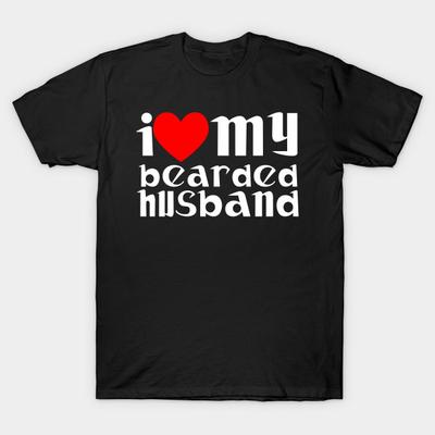 Camiseta masculina preta estampada super grande camiseta i-love-my-bearded-husband sem cortes papel de transferência estampado camiseta de algodão
