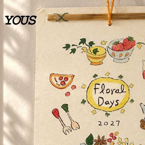 Vintage Style Date Record 2027 Wall Calendar with Wind And Flower Illustrations, Hand-Painted Retro Linen Artistic Hanging Texture Paper, 12