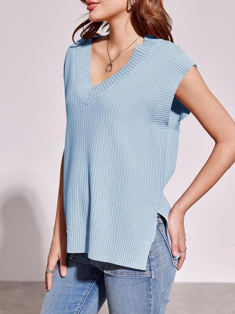 2025 New European & American Women's V-Neck Short-Sleeve Knitted Top - Versatile Loose Sweater In Solid Color