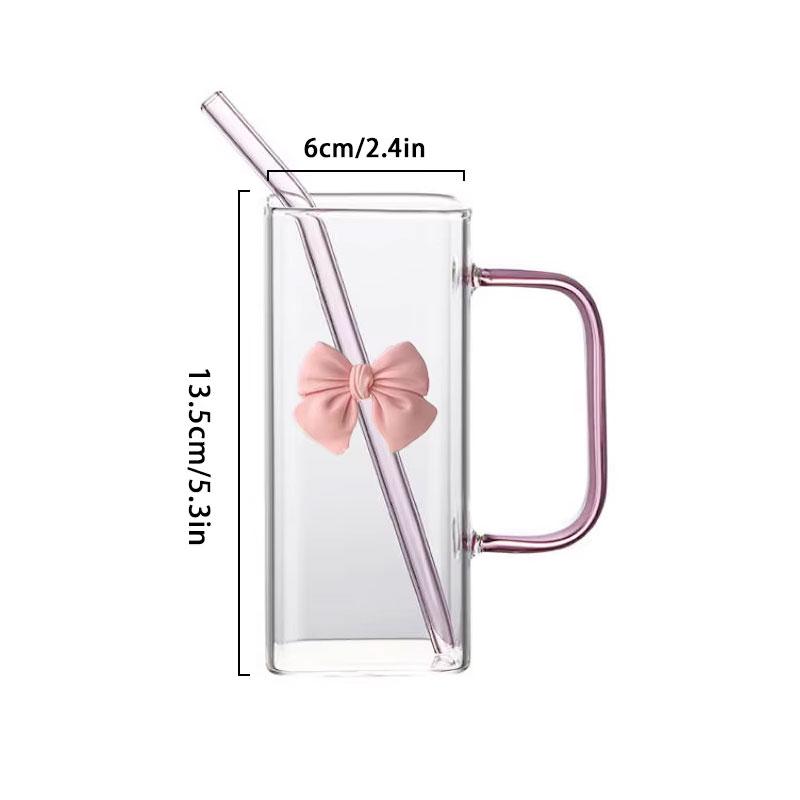 Lovely Delicate Bownot Glass Cup with Straws and Lids, Lemon Tea Cup, Milk Cup For Home, Office, Dining Room