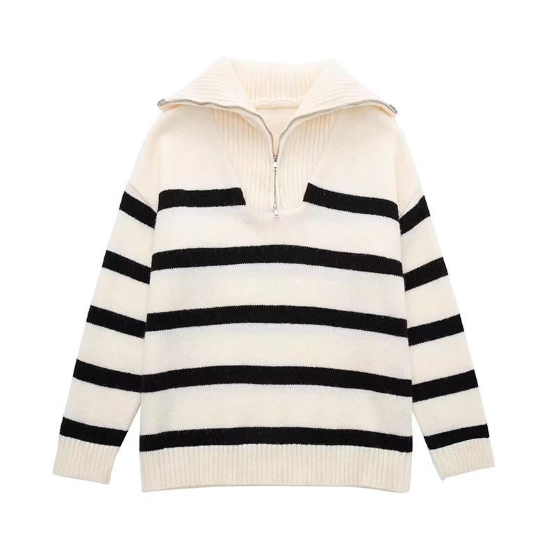 Maglione da Donna Casual Largo con Collo Alto e Zip a Strisce Lavorato a Maglia Pullover Autunno Inverno Top Caldi Maglieria Primaverile
