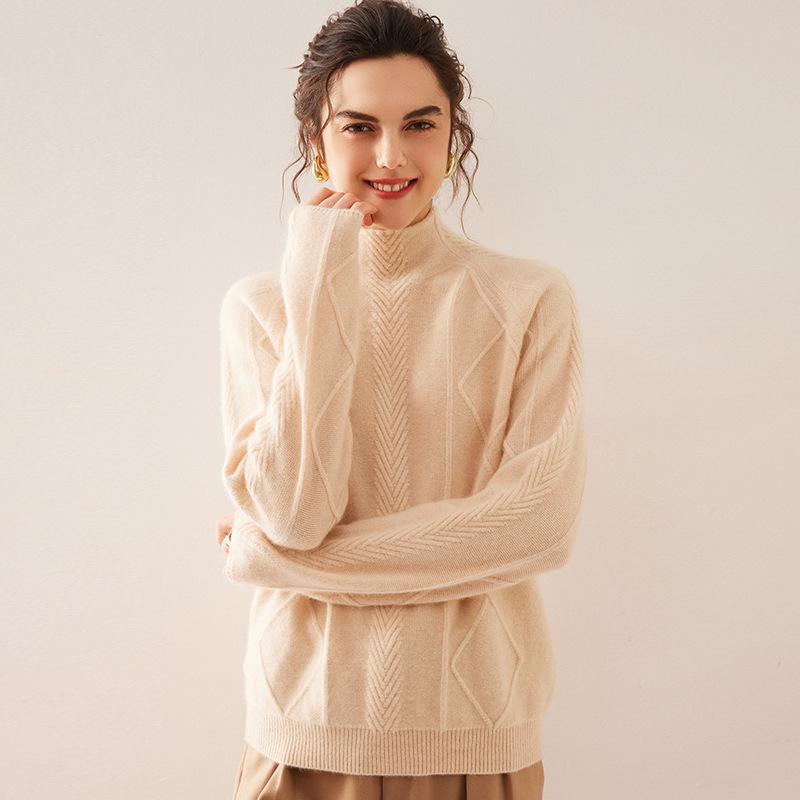 Semi-Turtleneck Rhombus Knitted Sweater Women'S Loose Lazy Pullover Wool Sweater Autumn And Winter New Thickened Knitted Bottoming Shirt