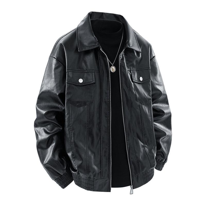 Men's Lapel Leather Jacket Men's Spring and Autumn American Trend Joker Multi-pocket Pu Leather Jacket Jacket