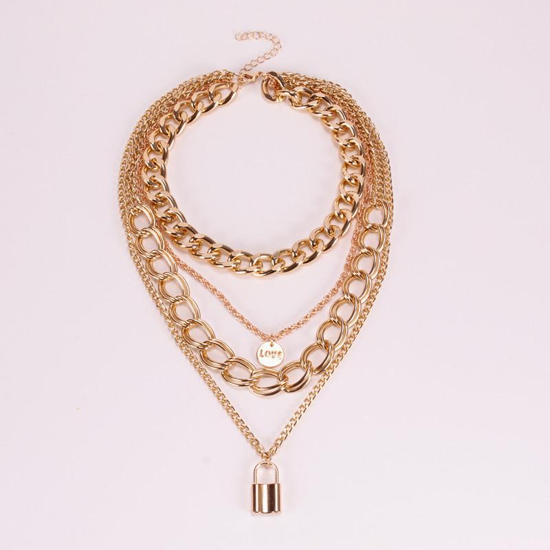 Geometric Multi Layer Alloy Necklace With Lock Pendant For Fashionable Women