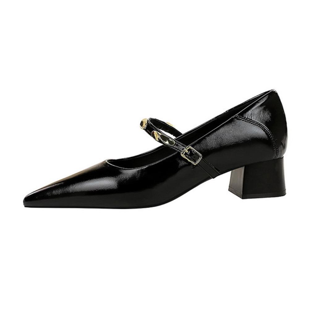 Korean Retro Patent Leather Pumps, Pointed Toe Buckle Design Block Heel Shoes, Simple Comfortable Mid Heel Daily Casual Office Dress Shoes for Women