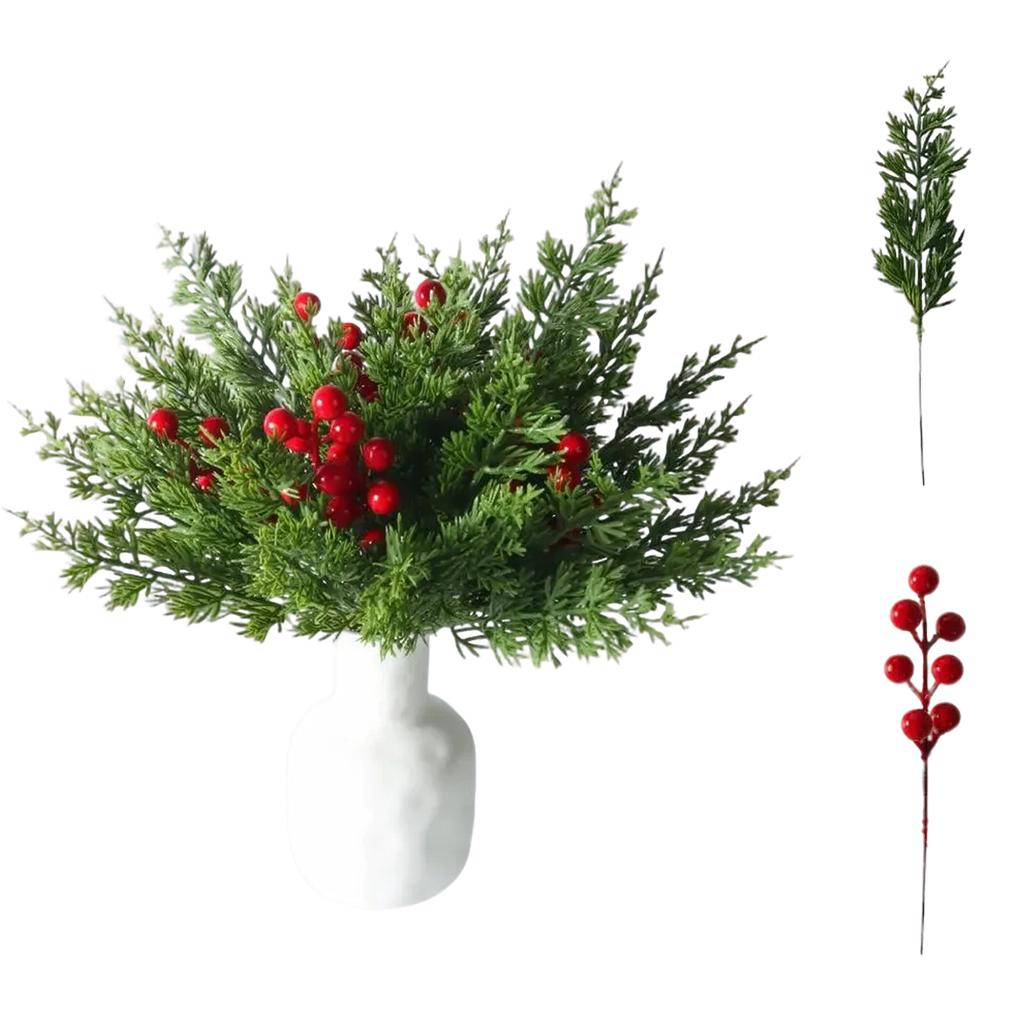 Artificial Branches, Red Berries, Green Plants, Christmas Needles, Home Dining Table Floral Arrangement, Ornamental Christmas Decoration.