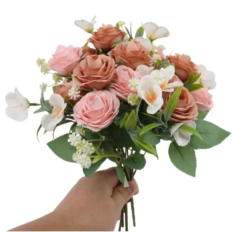 3pcs Ramo de Rosas Camelia de Simulación de Seda Flores Falsas de Seda Decoración de Restaurante Flor Artificial Rosa Camelia